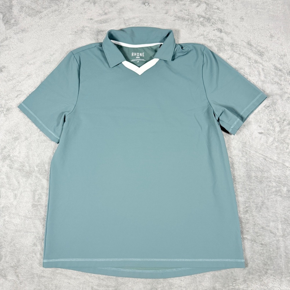 Rhone Mens Large Blue Green Short Sleeve Ribbed V-Neck Polo Shirt